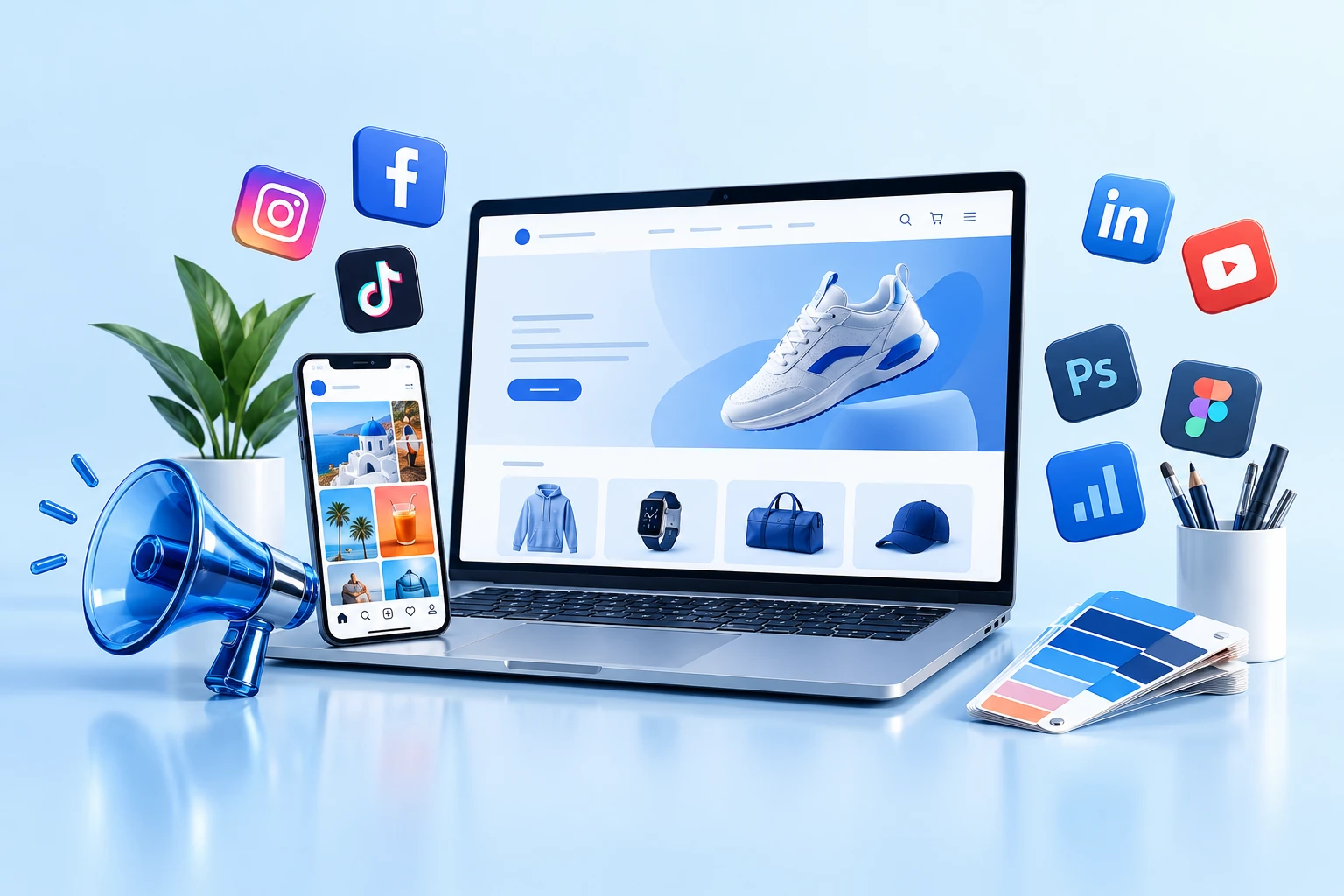 A connected digital services workspace with website, online store, social media and creative tools