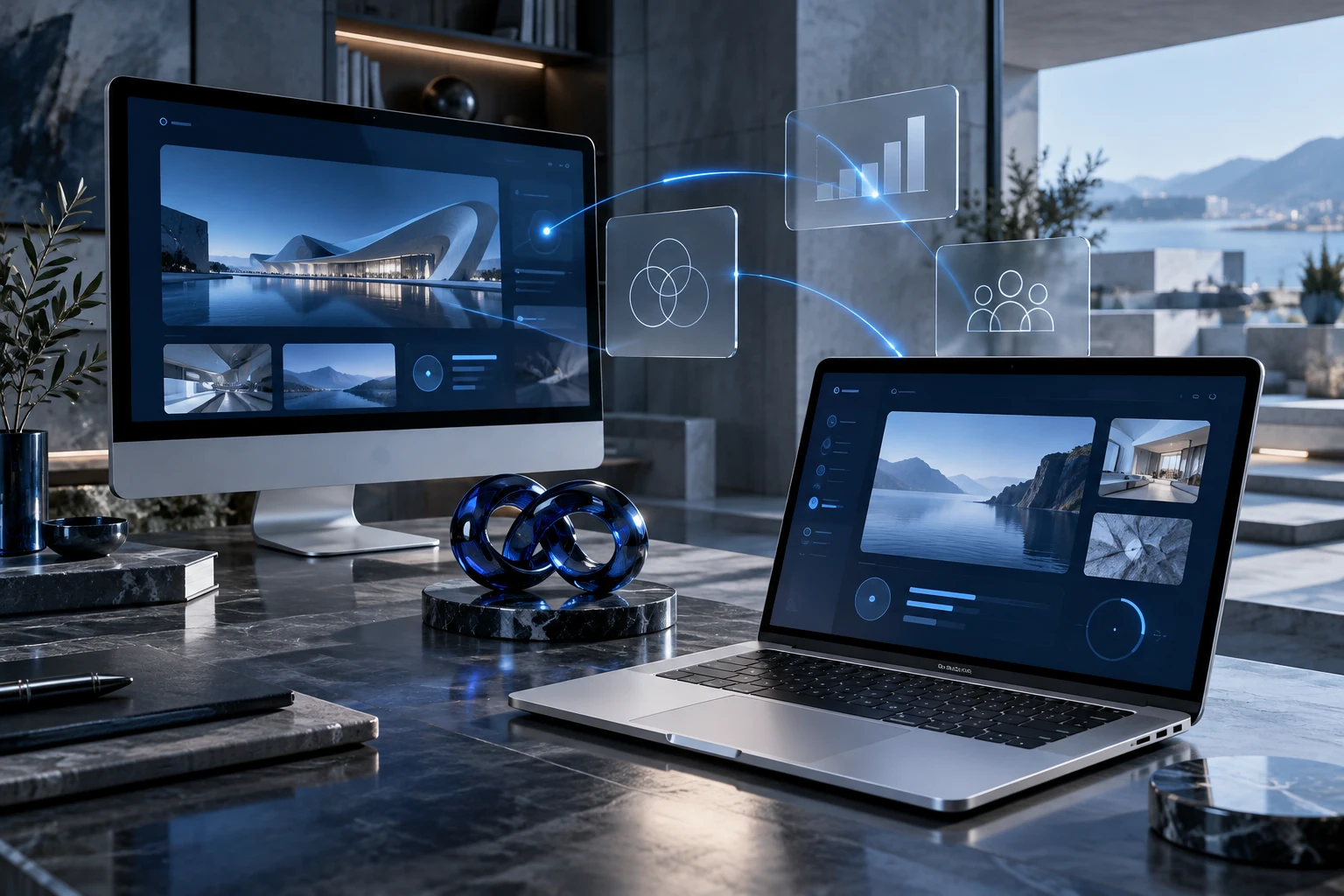 Connected digital studio with website displays and creative tools